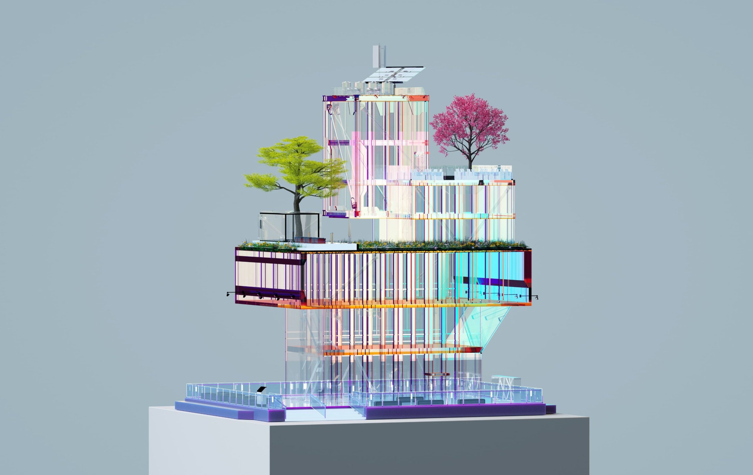 Abstrakte 3D-Visualisierung eines nachhaltigen Gebäudekonzepts mit Glasfassade, Bäumen und Solarpanel – Symbolbild für Innovation Strategy und Business Transformation von Christof Horn.